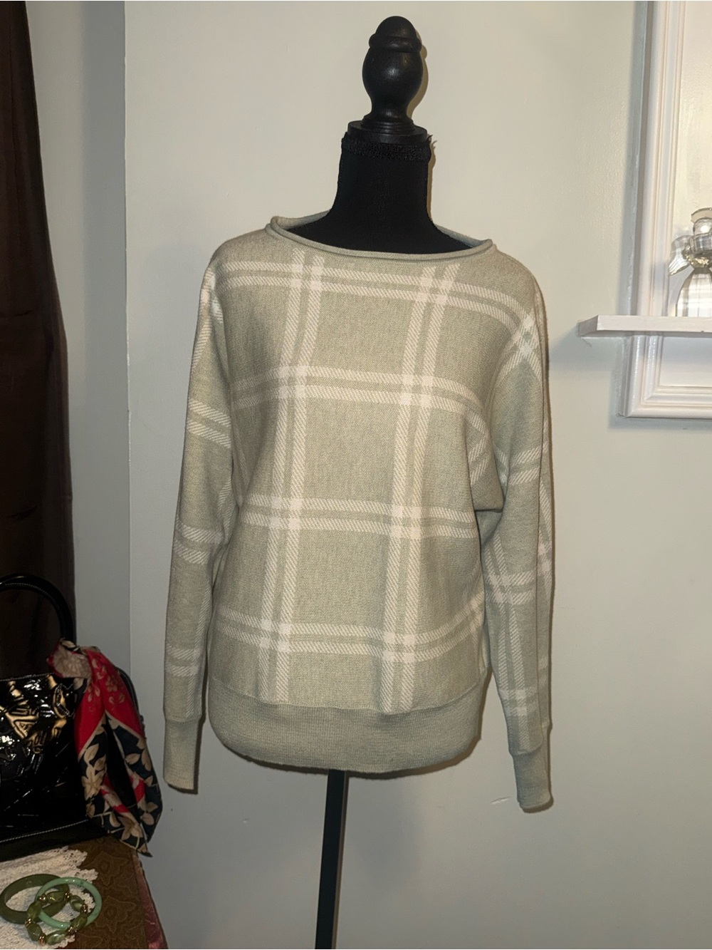 Cynthia Rowley Sage and White Plaid Crewneck Sweater - Picture 2 of 8